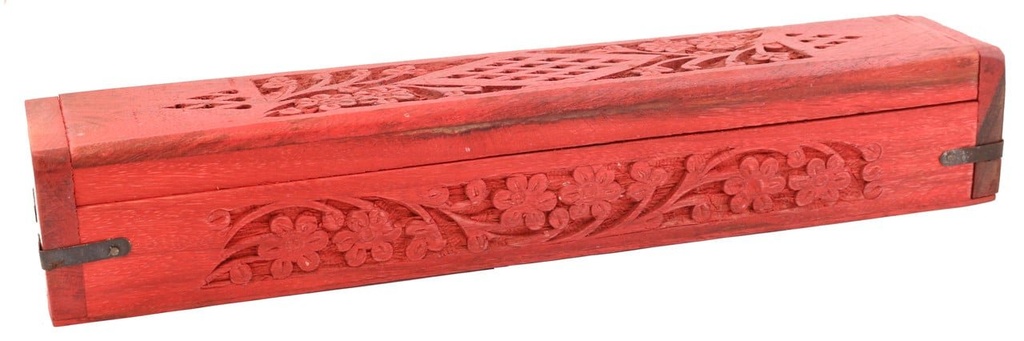 [402 RED] Red Floral Wooden Incense Coffin Box – 12"