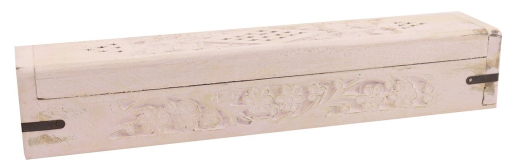 [402 WHITE] White Floral Wooden Incense Coffin Box – 12"