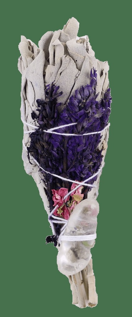 White Sage Torch w/ Lavender, Wildflowers & Clear Quartz – 3"-4"