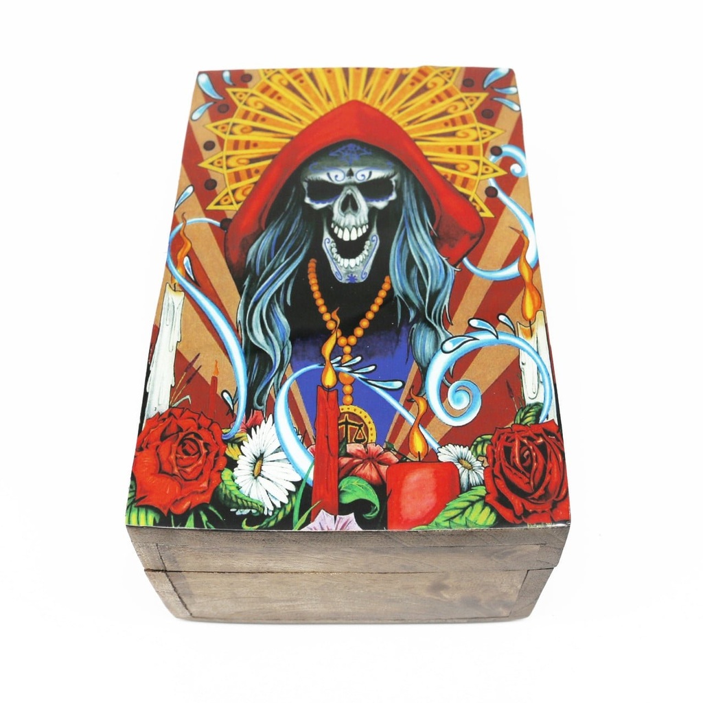Santa Muerte Brown Wooden Storage Box – 6" x 4"