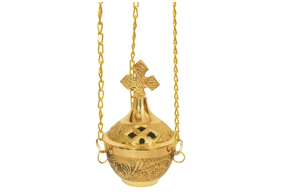 [91706] Cross Carved Hanging Censer Burner – 4" / Brass