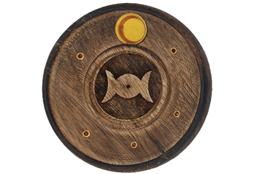 [91746] Triple Moon Mango Wood Disc Incense Burner – 4"
