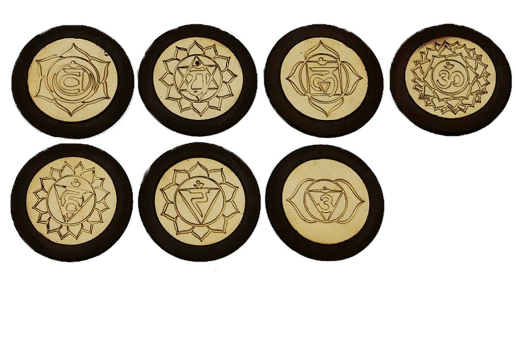 [91762] 7 Chakras Wood & Brass Incense Burner Set – 3.25" / Set of 7