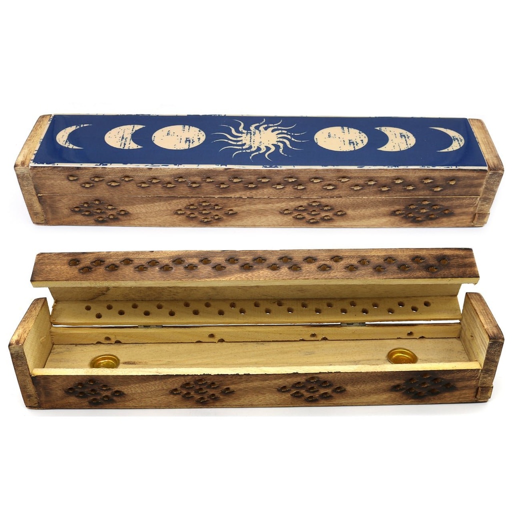 [14072] Celestial Phases Wooden Incense Coffin Box