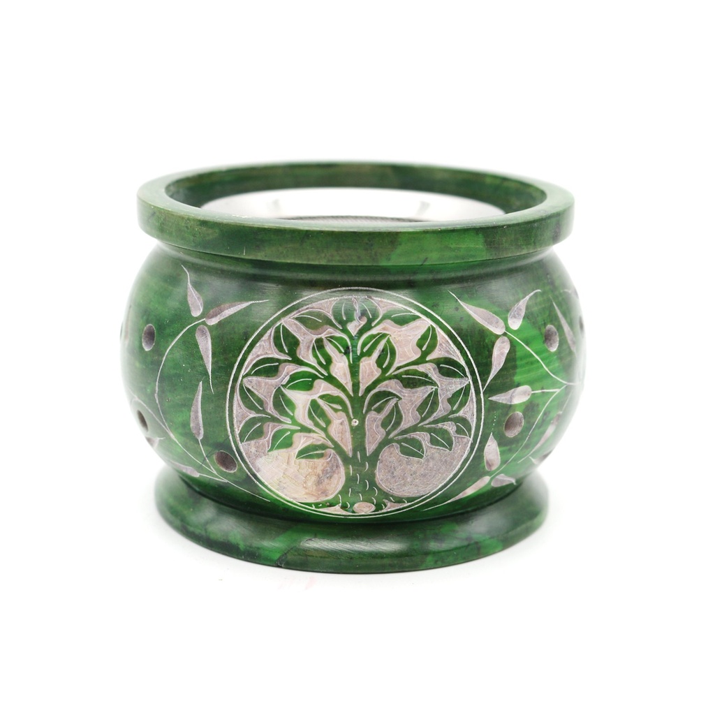 [92175] Green Tree of Life Soapstone Charcoal Burner – 3" x 3.5"