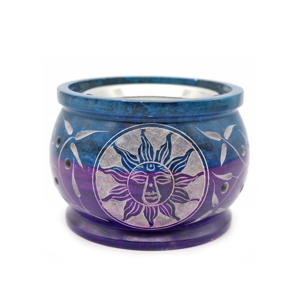 Turquoise/Purple Sun Soapstone Charcoal Burner – 3" x 3.5"