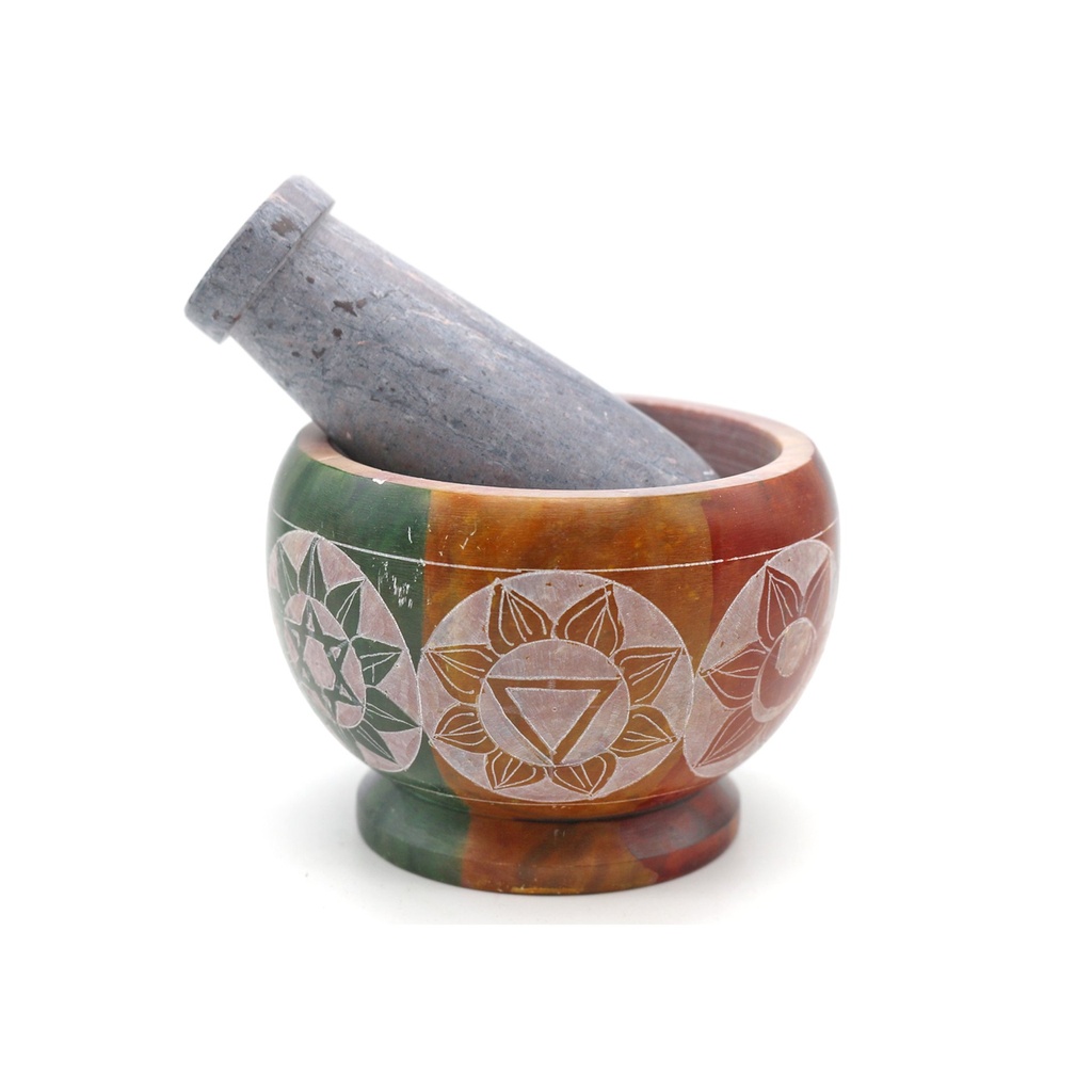 [92191] Multicolor 7 Chakras Soapstone Mortar & Pestle – 3" x 3.5"