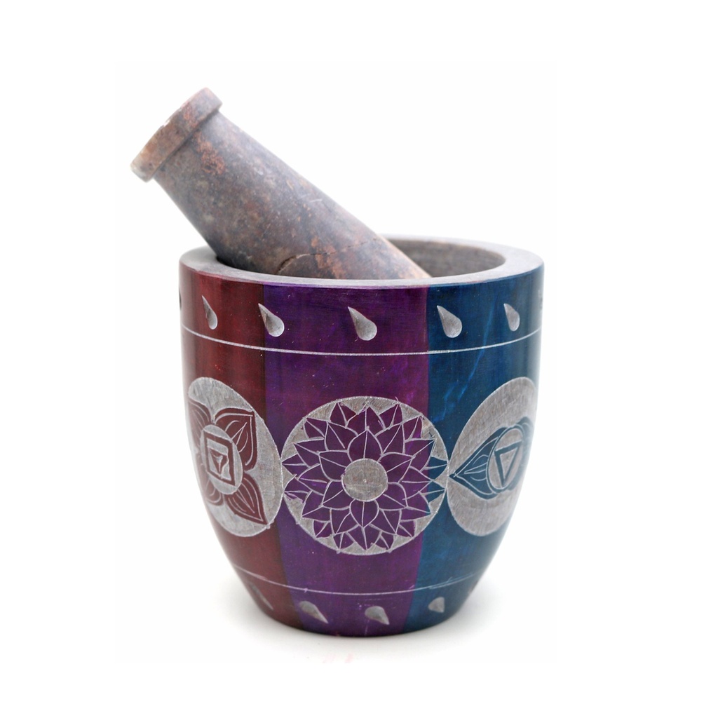 [92192] 7 Chakras Soapstone Mortar & Pestle – 4" x 3.5"