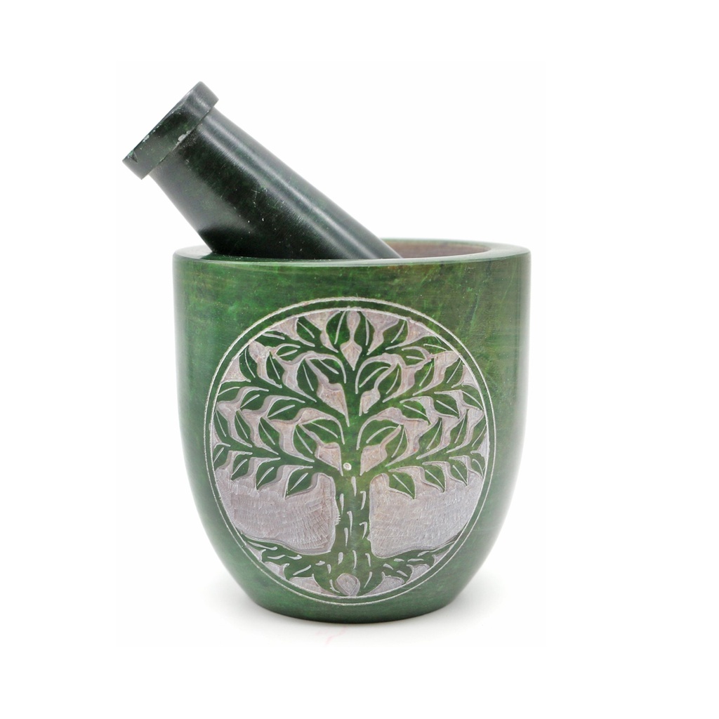 [92194] Green Tree of Life Soapstone Mortar & Pestle – 4" x 3.5"