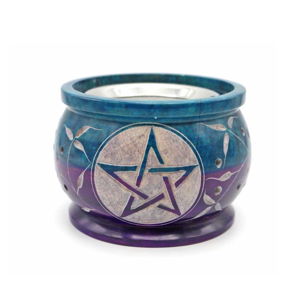 [92196] Turquoise/Purple Pentacle Soapstone Charcoal Burner – 3" x 3.5"