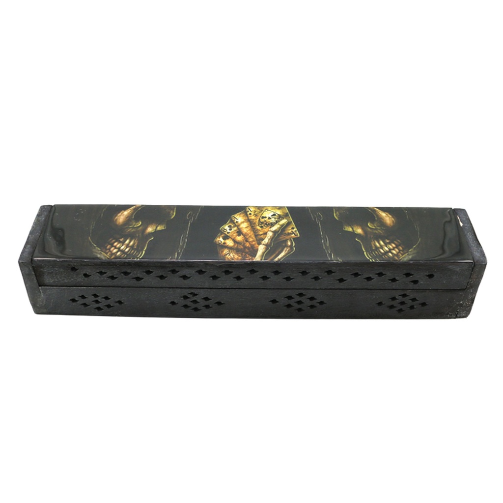 [14084] Skull of Luck Black Wooden Incense Coffin Box