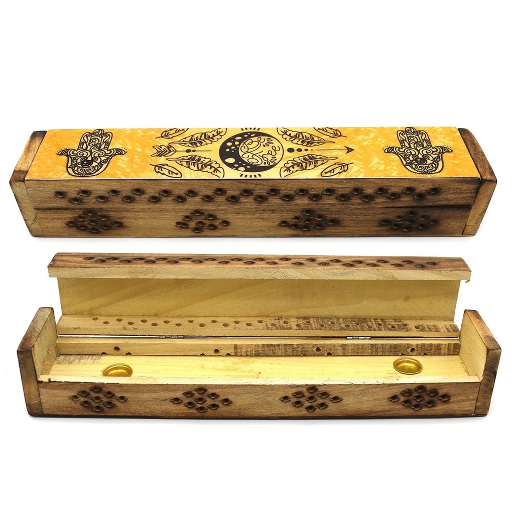 [14086] Yellow Hamsa Wooden Incense Coffin Box