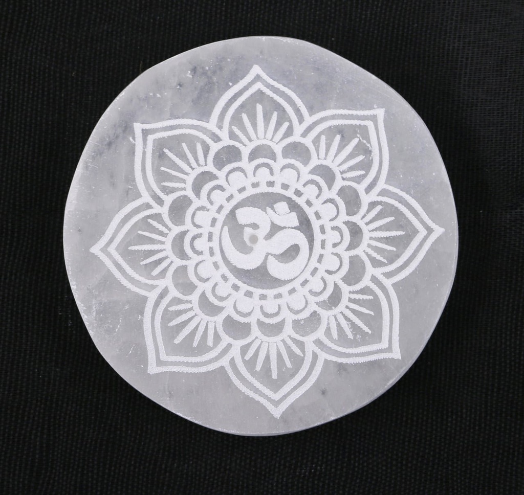 [94123] Om Round Selenite Incense Burner – 3"