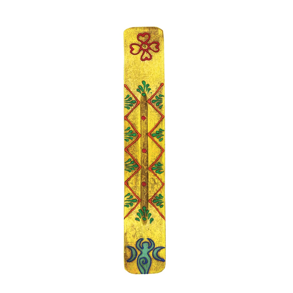 [14096] 11" Yellow Patterned Mango Wood Incense Ash Catcher