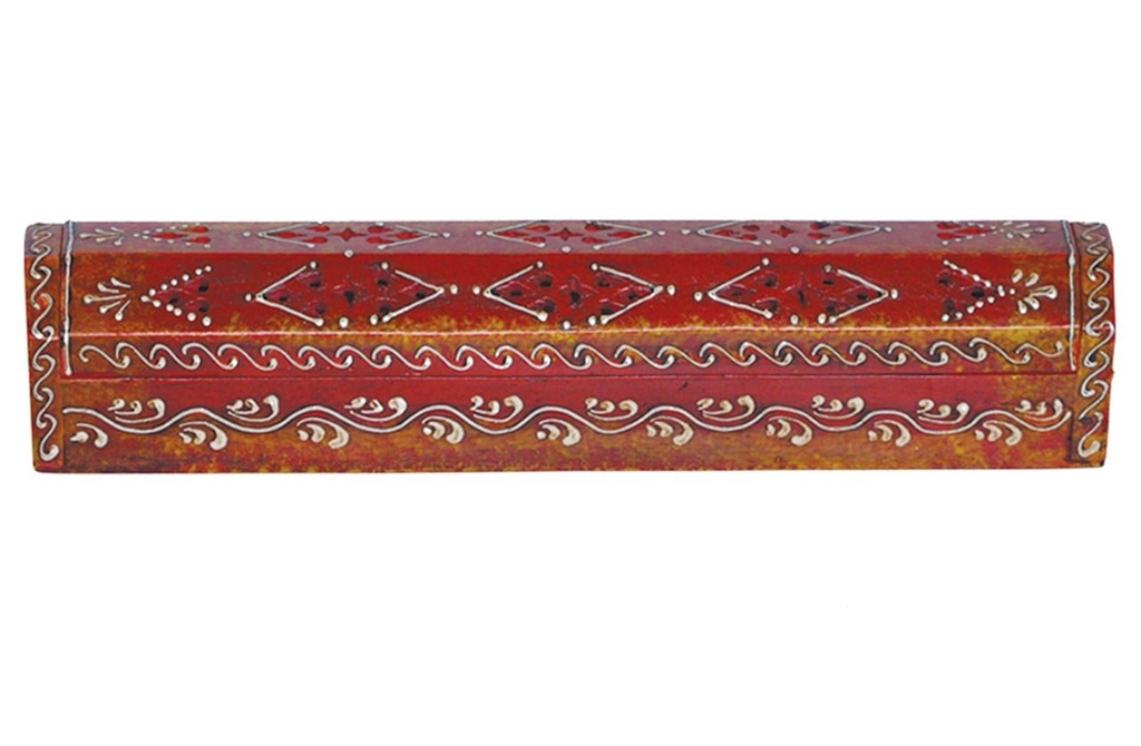 [10420] Red Hand-Painted Wooden Incense Coffin Box – 12" / Jali Cover