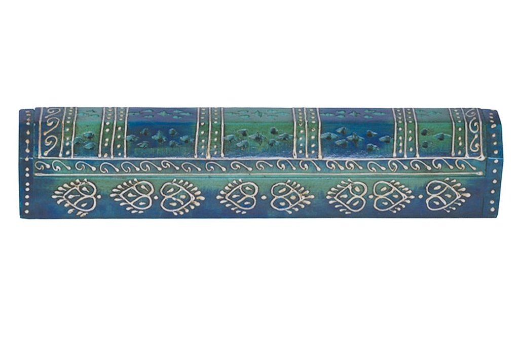 [10422] Teal Hand-Painted Wooden Incense Coffin Box – 12" / Jali Cover
