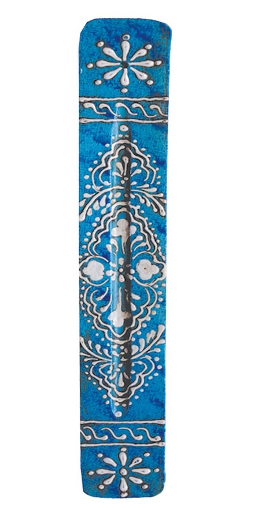 [10429] 11" Blue Patterned Mango Wood Incense Ash Catcher