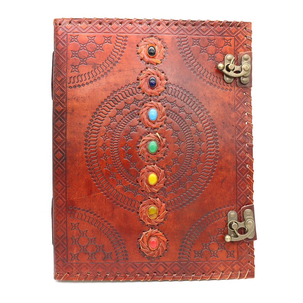 [14512] 7 Chakras w/ Stones Embossed Blank Leather Journal (Large)