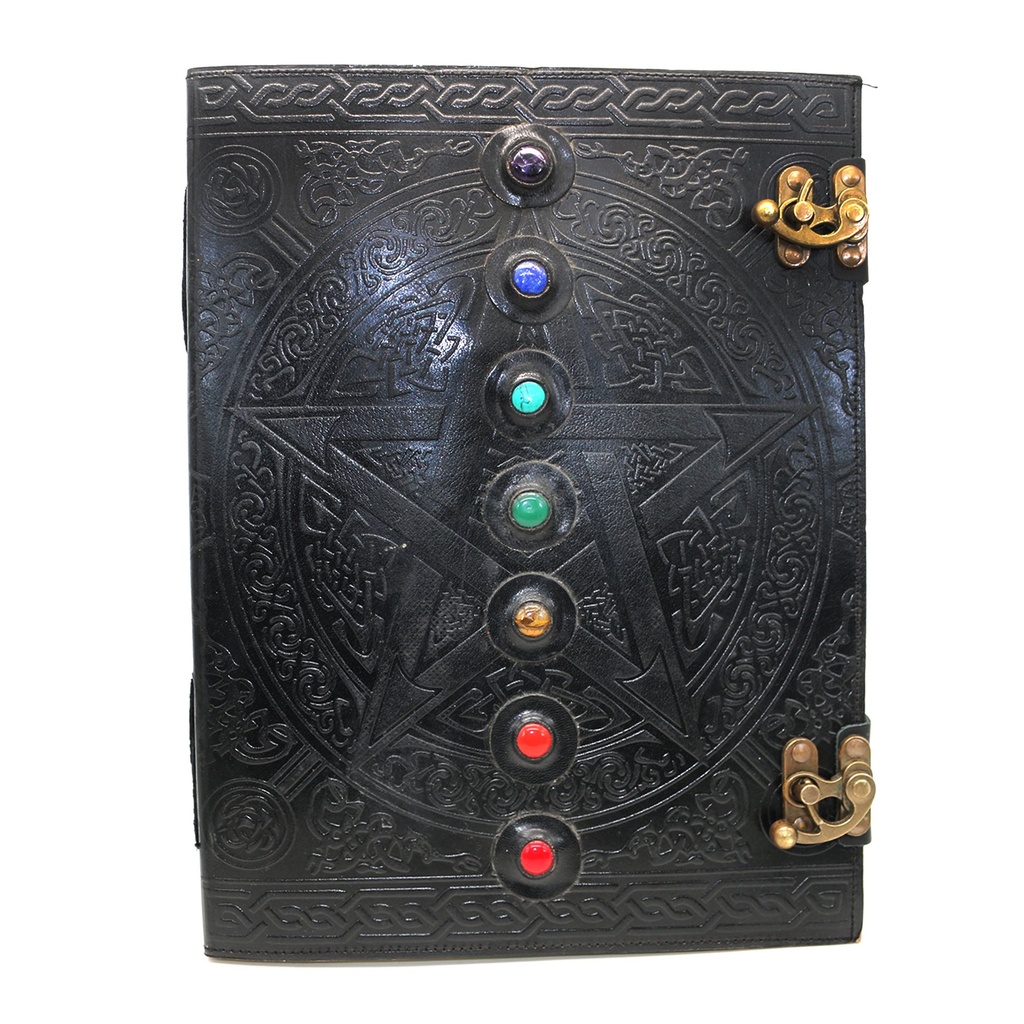 [14513] Black 7 Chakras w/ Stones Embossed Blank Leather Journal