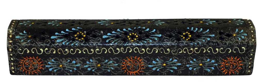 [10432] Black Hand-Painted Wooden Incense Coffin Box – 12" / Jali Cover