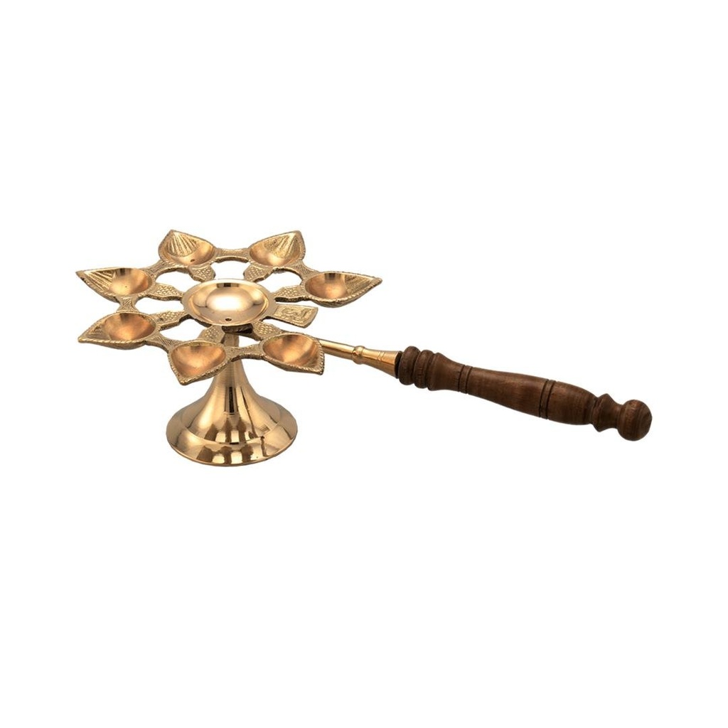 Brass Aarti Diya With Wooden Handle (12”)