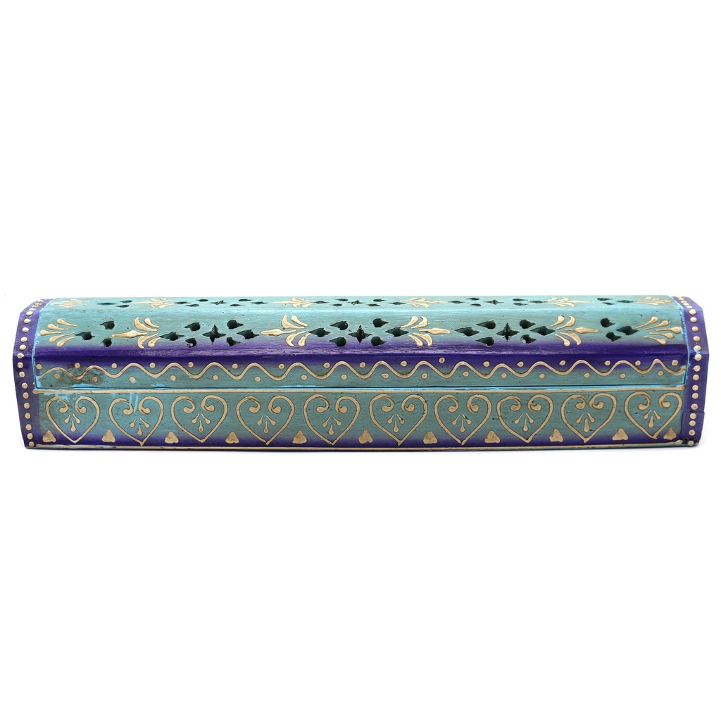 [10435] 12" Blue Hand-Painted Wooden Incense Coffin Box