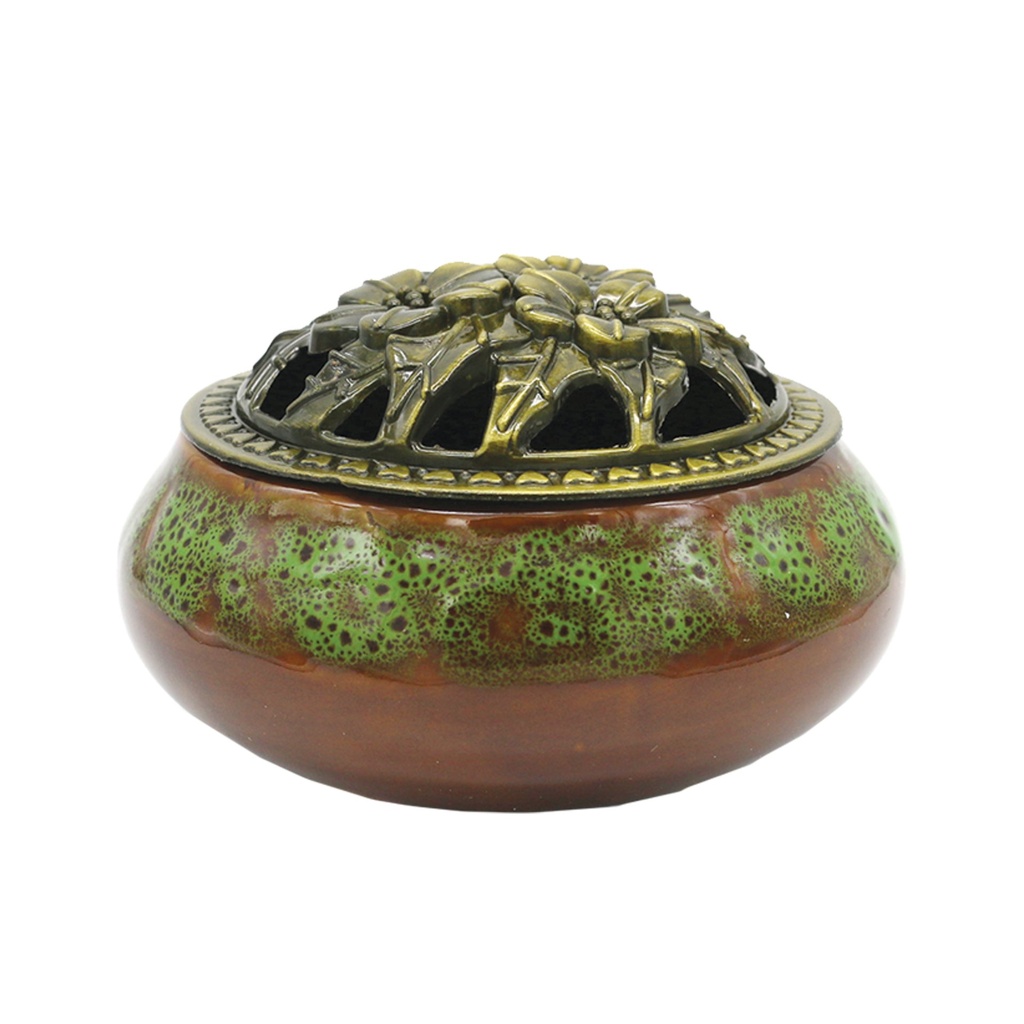 [31590] 3" Brown & Green Ceramic Incense Burner Bowl